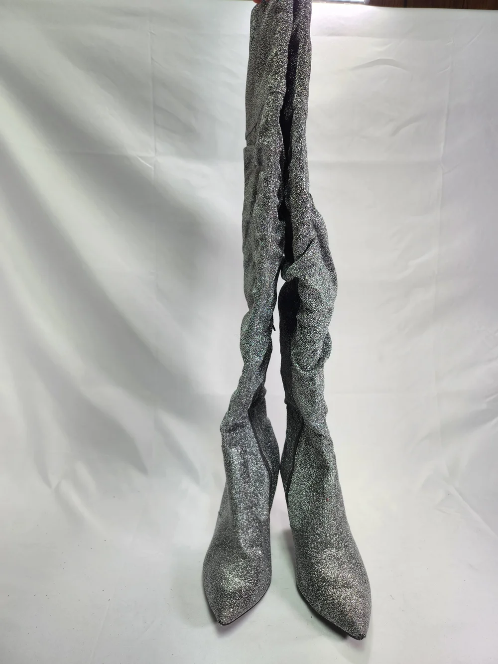 Brash Silver Glitter Over-the-Knee Pointed Toe Stiletto Boots